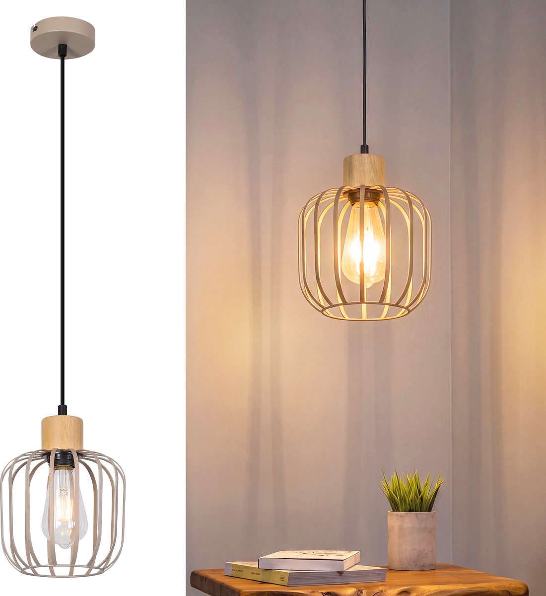 NETTLIFE 1-Flammige Hanglamp Grijs - Met Houten Accent | E27 | Hoogteverstelbaar | Moderne Eetkamerlamp voor Eettafel, Keukeneiland & Woonkamer - Zonder Lampen