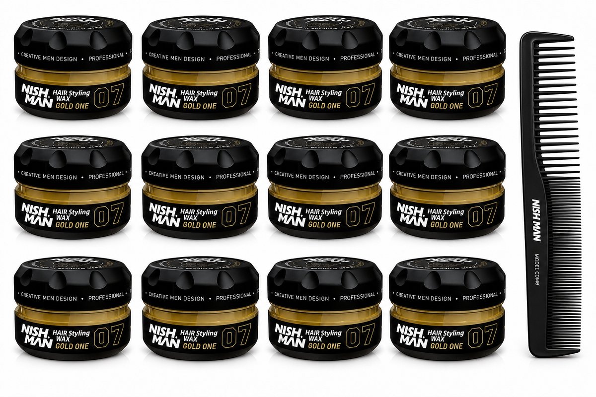 NISHMAN Hair Styling Wax Gold One 07 – 12 Stuks + Professionele Stylingkam | Sterke Hold & Natuurlijke Glans