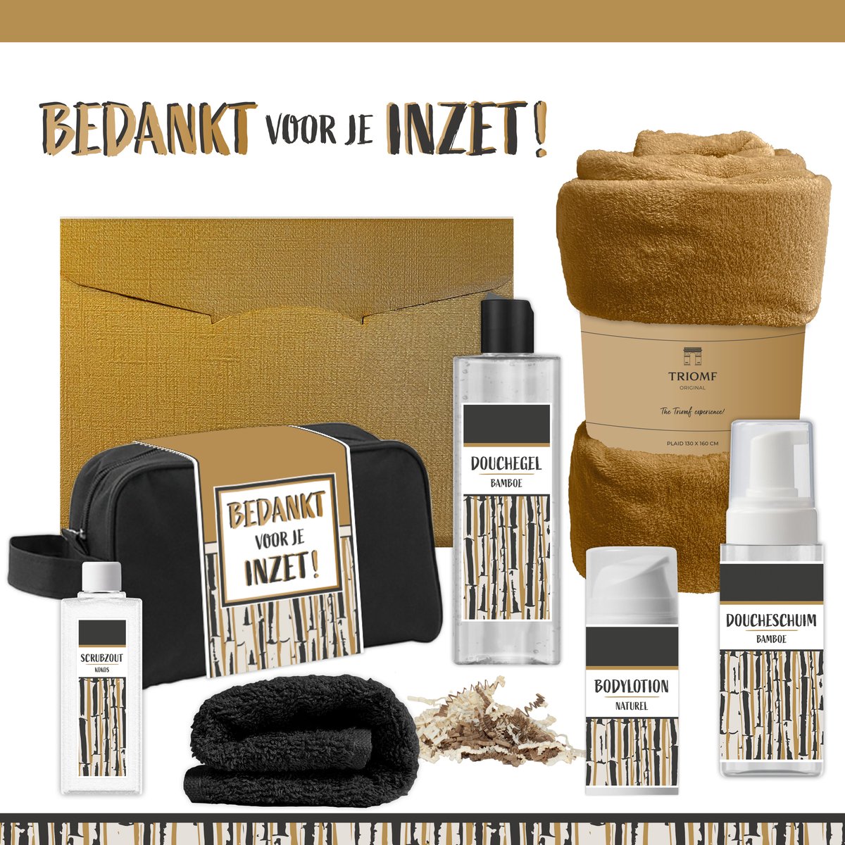 Geschenkset “Bedankt voor je inzet!” - 7 producten - 1390 gram | Giftset voor hem Vader Papa Cadeau Luxe Wellness Pakket Man Speciaal Cadeaupakket Doos Handdoeken Fleecedeken Geschenk Cadeaudoos Verjaardag Vaderdag Gift Set Douche Goud Goud