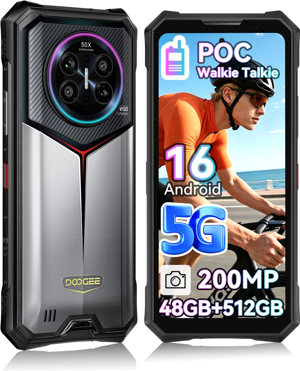 Robuuste Smartphone - DOOGEE V50 - 5G LET - 6,78" - 48GB RAM - 512GB ROM - 11000 mAh 66W - Android 16 - 200MP hoofdcamera met groothoeklens en macrolens - Bluetooth Walkie Talkie, POC - NFC GPS - Silver