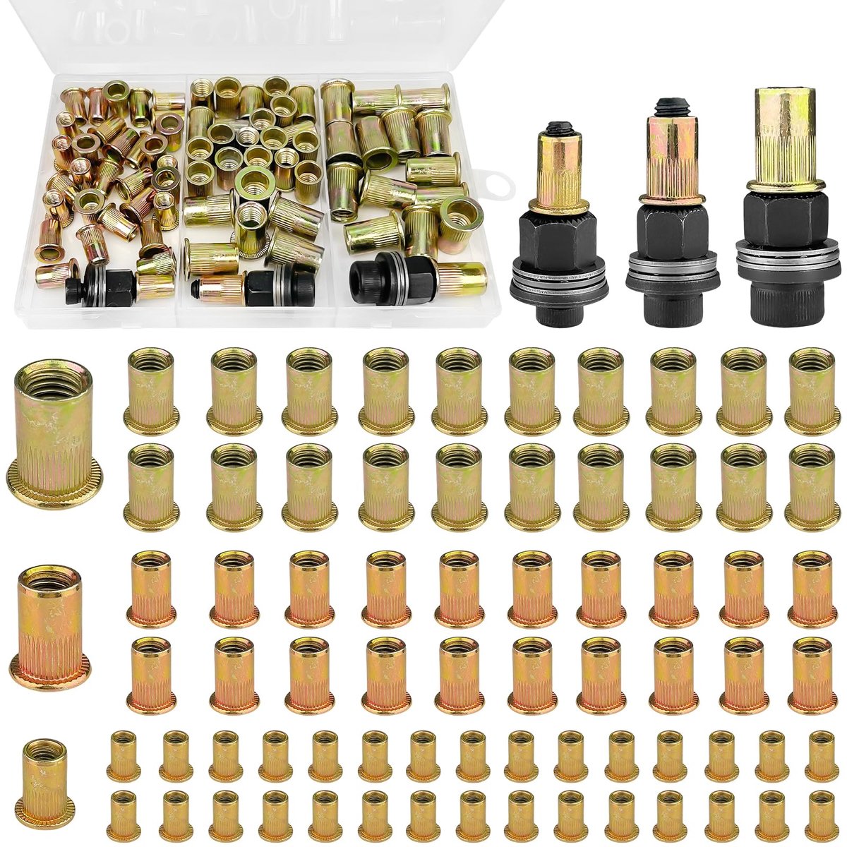 53 stuks klinkmoeren, assortimentset, M6, M8, M10 schroefdraad, roestvrijstalen blindklinkmoeren, platte kop, intrekbare moeren, schroefdraadhulzen, assortiment van koolstofstalen moeren, 53 stuks