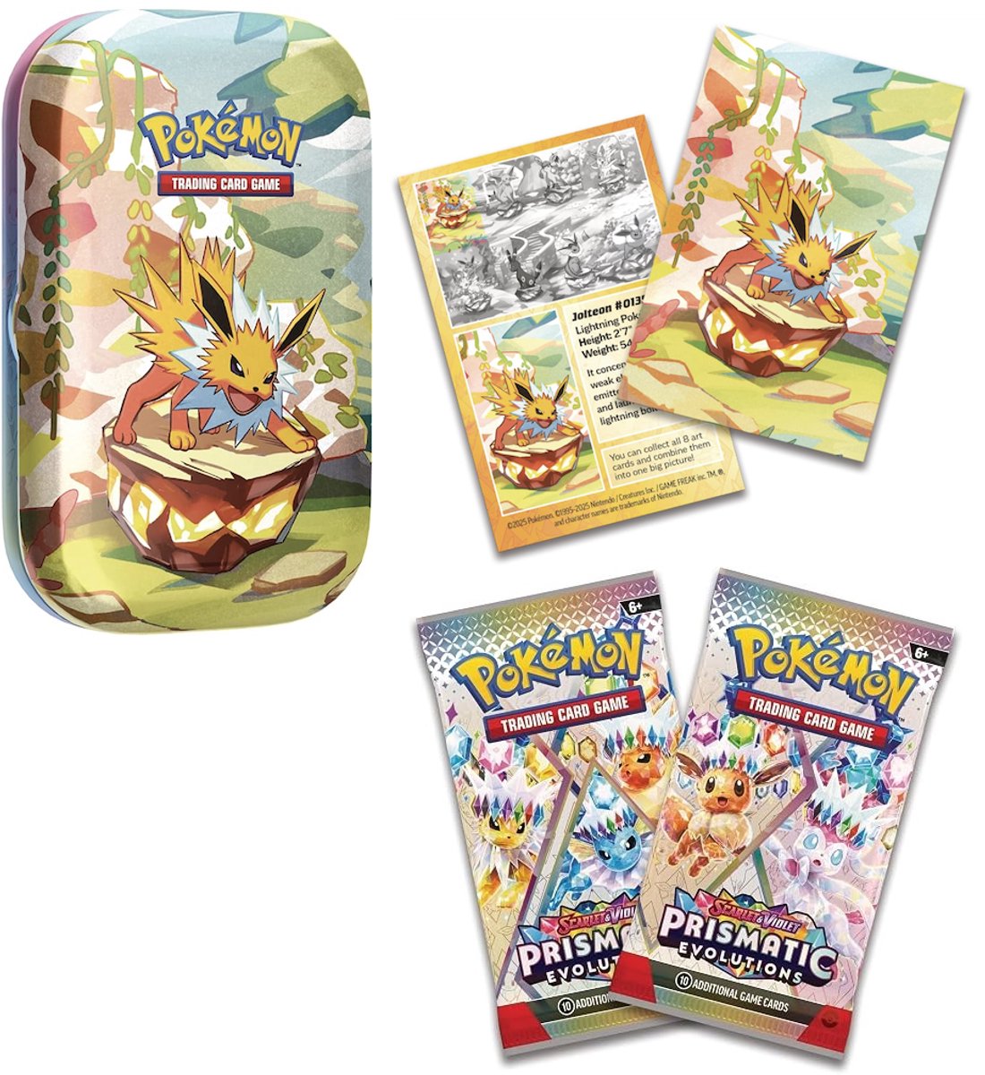 Pokémon Kaarten - Prismatic Evolutions - Jolteon Tin - 20 Kaarten Totaal - 2x Booster Pack + Bewaardoosje + Art Cart + Eevee Coin - Scarlet and Violet - Pokemon Cards - TCG - Box - Bundle - Pokemon Speelgoed - Scarlet en Violet - Prismatic Evolution