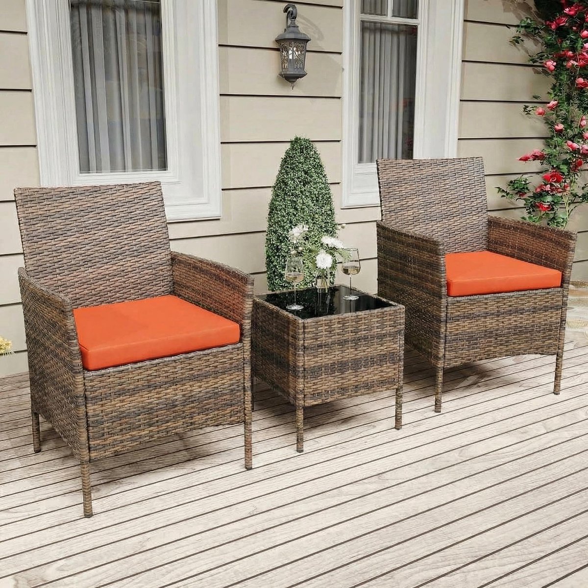 Gudalio Tuinset - Lounge Set - Balkonset - Rotan Fauteuils - Glazen Salontafel - 3-delig - voor Terras en Tuin - Bruin + Oranje