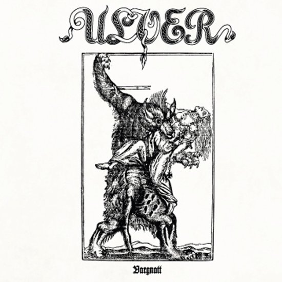Albumhoes van Ulver 'Vargnatt' met een tekening van een beest dat een mens aanvalt.