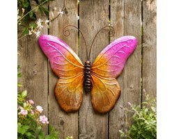 Anna's Collection Wand decoratie vlinder - roze - 44 x 32 cm - metaal - muurdecoratie/schutting - buiten - tuinbeelden van dieren