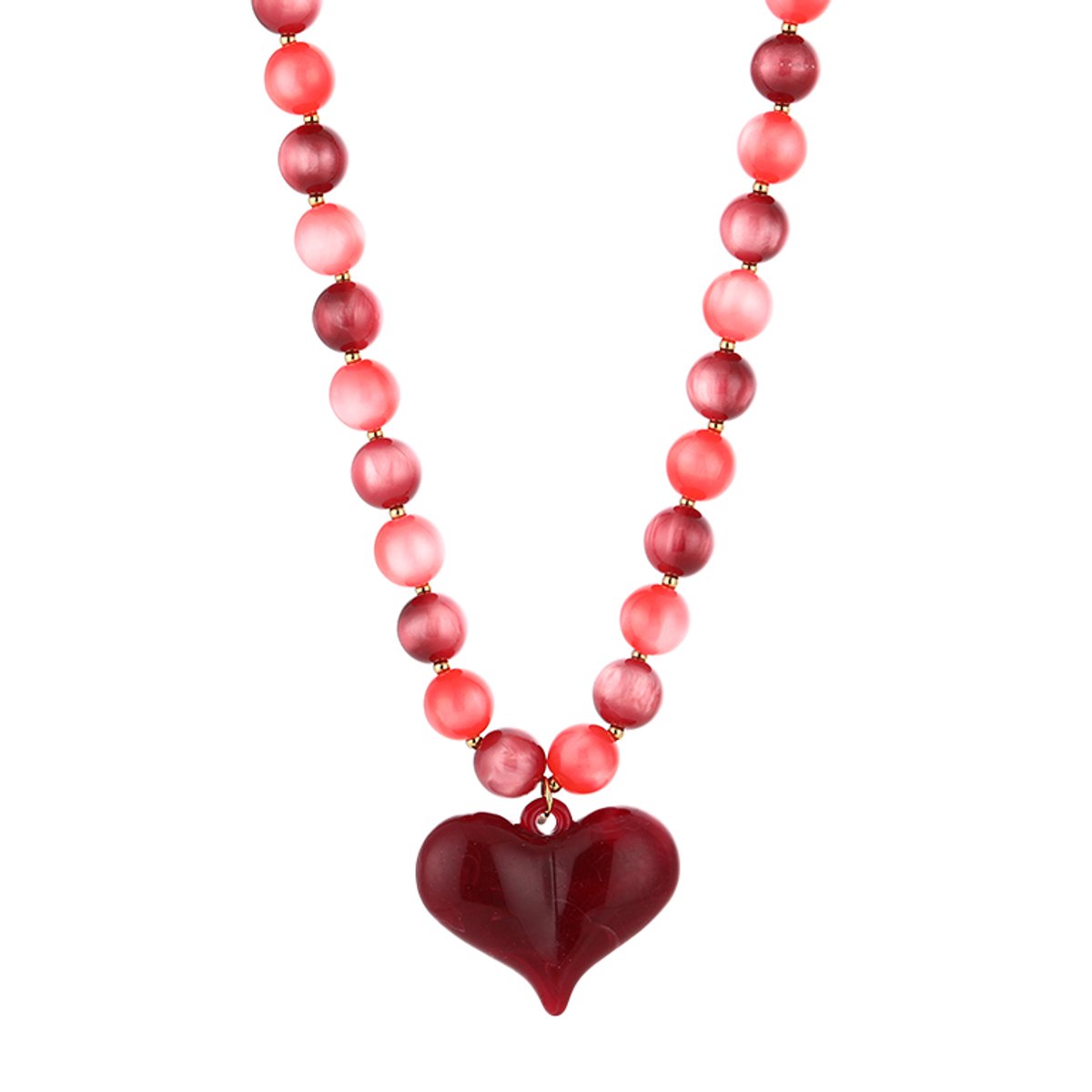 Ronde Kralenketting met XL Hart Hanger – Kralen Ketting met XL Hart – RVS - Rood