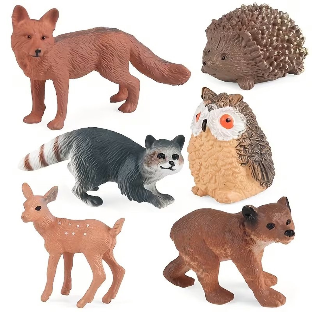 K&R Ventures® Bosdieren Speelset - 6 Realistische Dierfiguren - Educatief Speelgoed - Uil, Vos, Wasbeer, Egel, Beer & Hert - Vanaf 3 Jaar