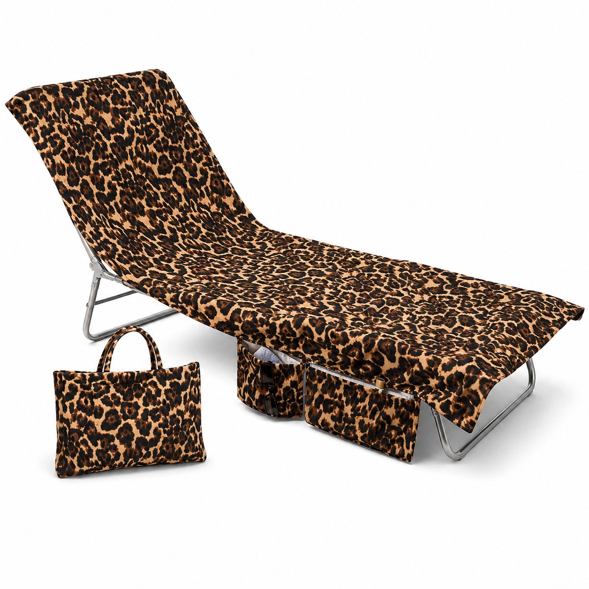 Home & Marker - Sneldrogende Ligstoel Handdoek met Opbergvakken - Microvezel Strandlaken & Ligbedhoes - Inclusief Opbergtas - Voor Strand, Zwembad & Tuin - Luipaardprint - POCKTOW