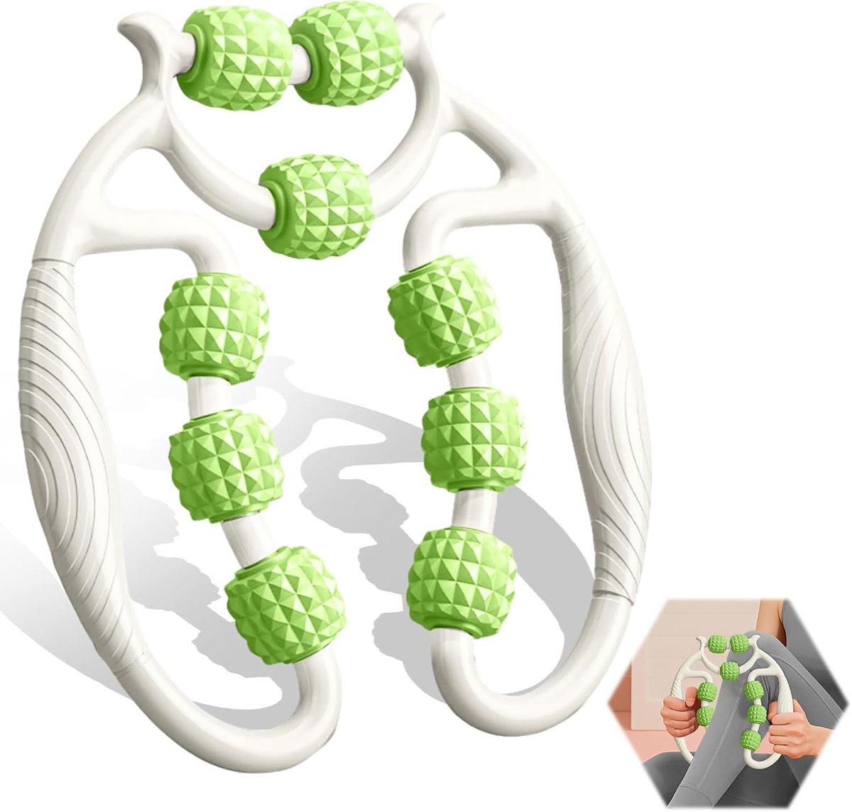 Massageroller voor benen, handmatige fasciarol, beenmassageroller met handvat en 9 wielen, cellulitis massageapparaat voor ontspanning voor dijen, glutee, nek, voet, buik en armmassage, wit +