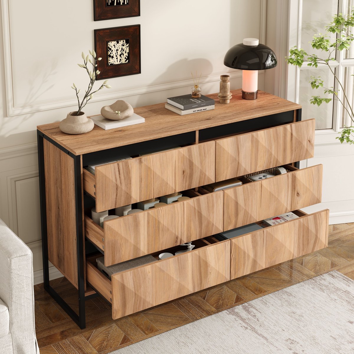 Wishdor - Dressoir - 6 lades - verborgen grepen en geometrisch front - industrieel - woonkamer slaapkamer hal - houtlook en metaal - zwart naturel - 120 cm