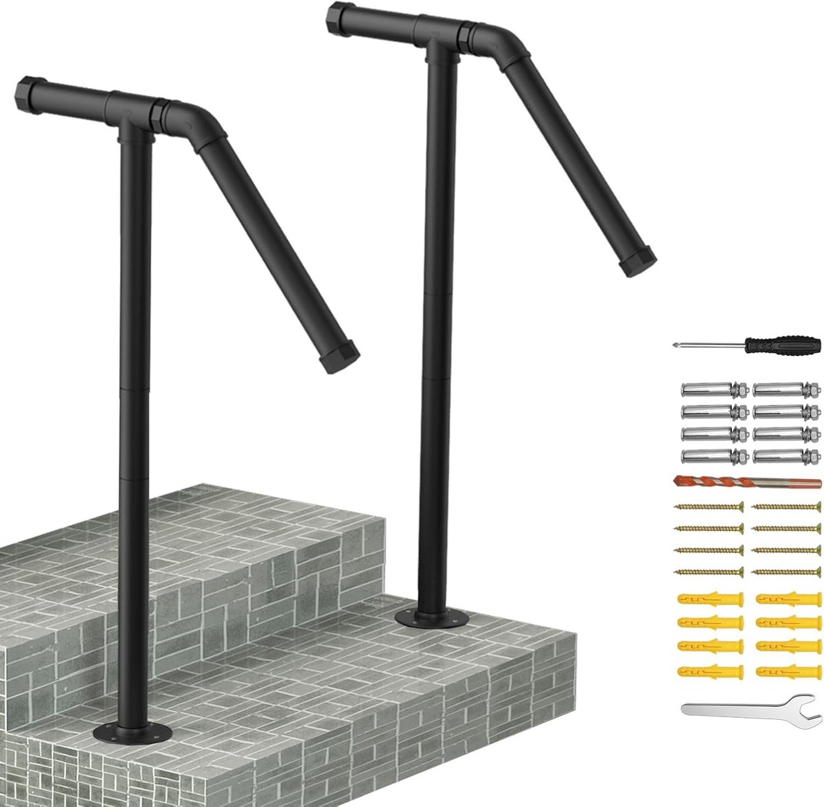 smusei Enkele paal leuning voor 1-2 stappen, 2 stuks verstelbare hoogte trap leuning zwart, patio veranda buiten tuin leuningen veiligheid handsteun reling voor ouderen, kinderen en anderen, H 85/105