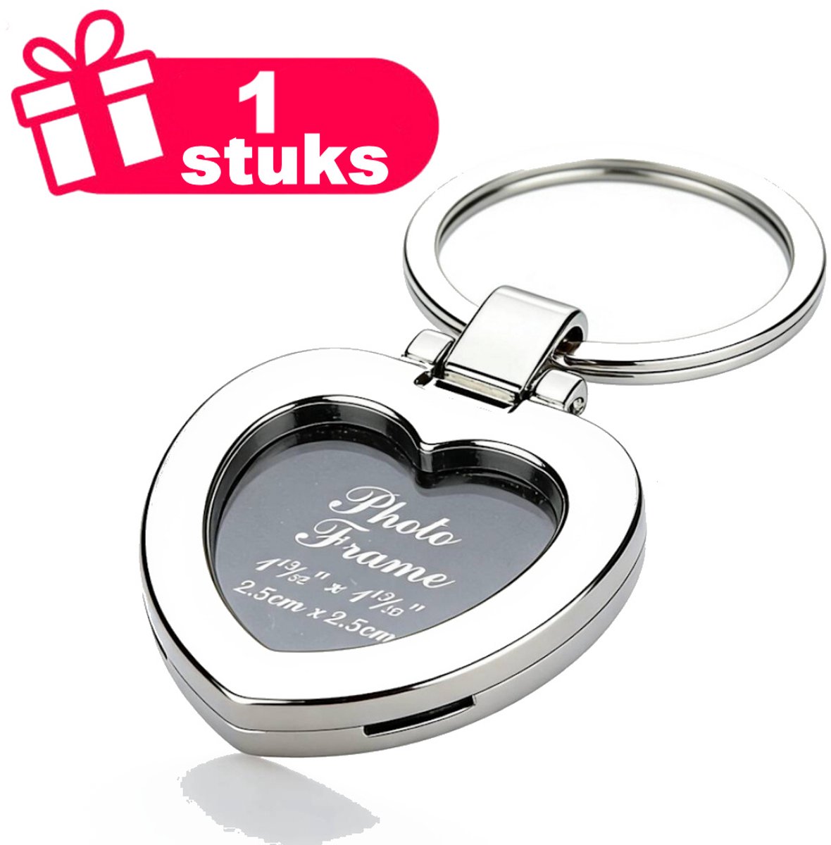 Decopatent - Premium Keychain - Hart Foto Sleutelhanger - Met Foto Inzet - Metalen Sleutelhanger Fotolijst - Geschikt voor Foto's van 2,5 x 2,5 cm - Zilverkleurig - Persoonlijk Cadeau