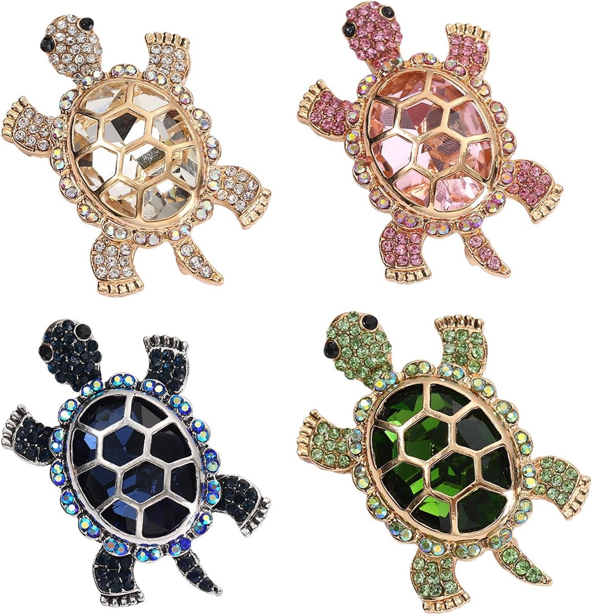 4 stuks kristallen schildpadbroche in de vorm van een schildpad broches | Schildpad-stijl, glitter, compact, kledingdecoratie, geschenken, praktisch