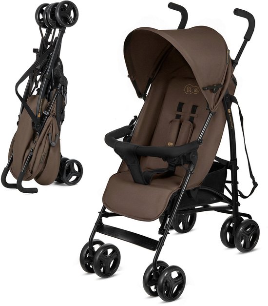Bruine kinderwagen, zowel staand als ingeklapt.