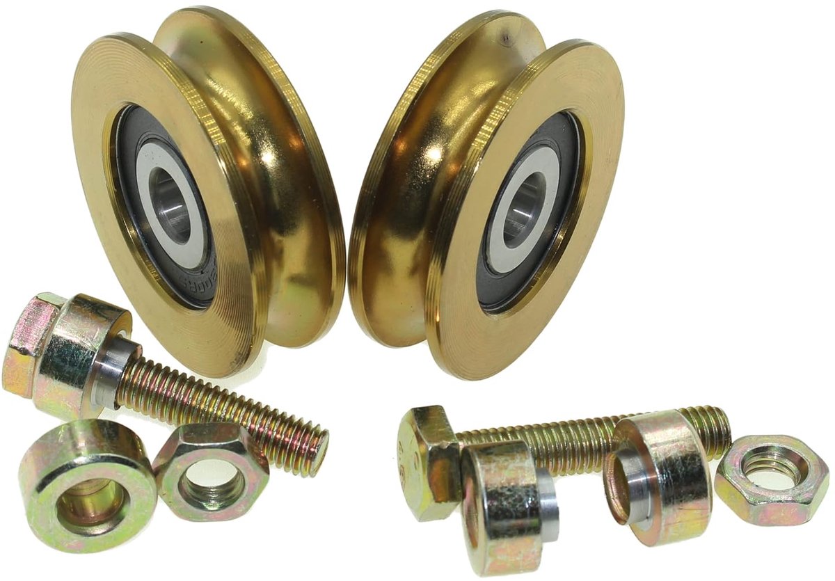 Verpakking met 2 wielen van verzinkt staal – rol met ronde groeven – 50 mm diameter – 10 mm kabelgroef – 10 mm lagers – bevestigingsschroef – draagvermogen 150 kg