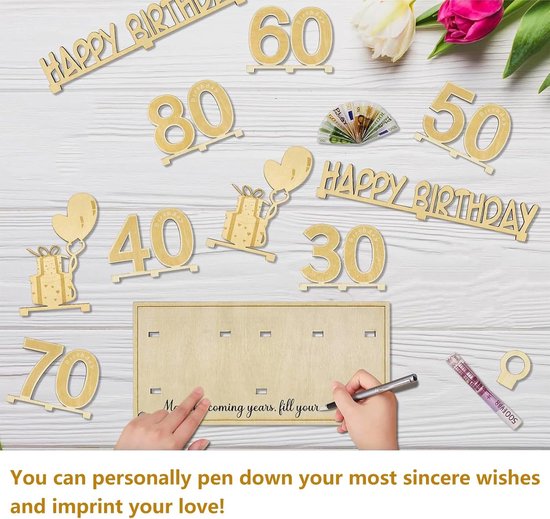 30 jaar geschenken, geldgeschenk verjaardag 30 met LED-lichtsnoer, 30e verjaardag, decoratie, wenskaart voor 30e verjaardag, gastenboek gemaakt van hout, cadeaus voor 30e verjaardag heren dames — afbeelding 3