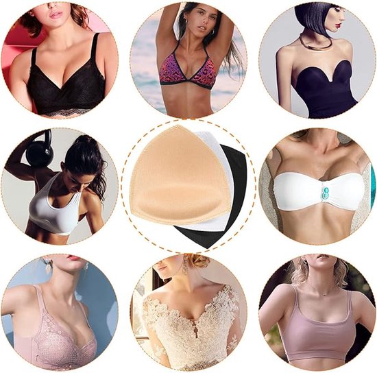 Collage van vrouwen die verschillende bh's dragen en een stapel zwarte, beige en witte bh-pads.