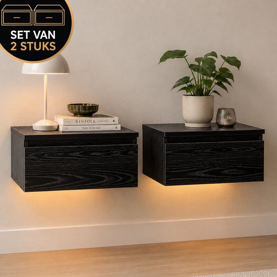 Casamoda Nachtkastje set van 2 - Zwevend - Nachtkastjes met lade - Hout - RGB Verlichting - H18 x B40 x D35 cm - Bedside table - Nightstand - Hangend - Nachtlampje volwassenen - Modern - Industrieel - Nachtkastje met Lade - Lamp -Zwart