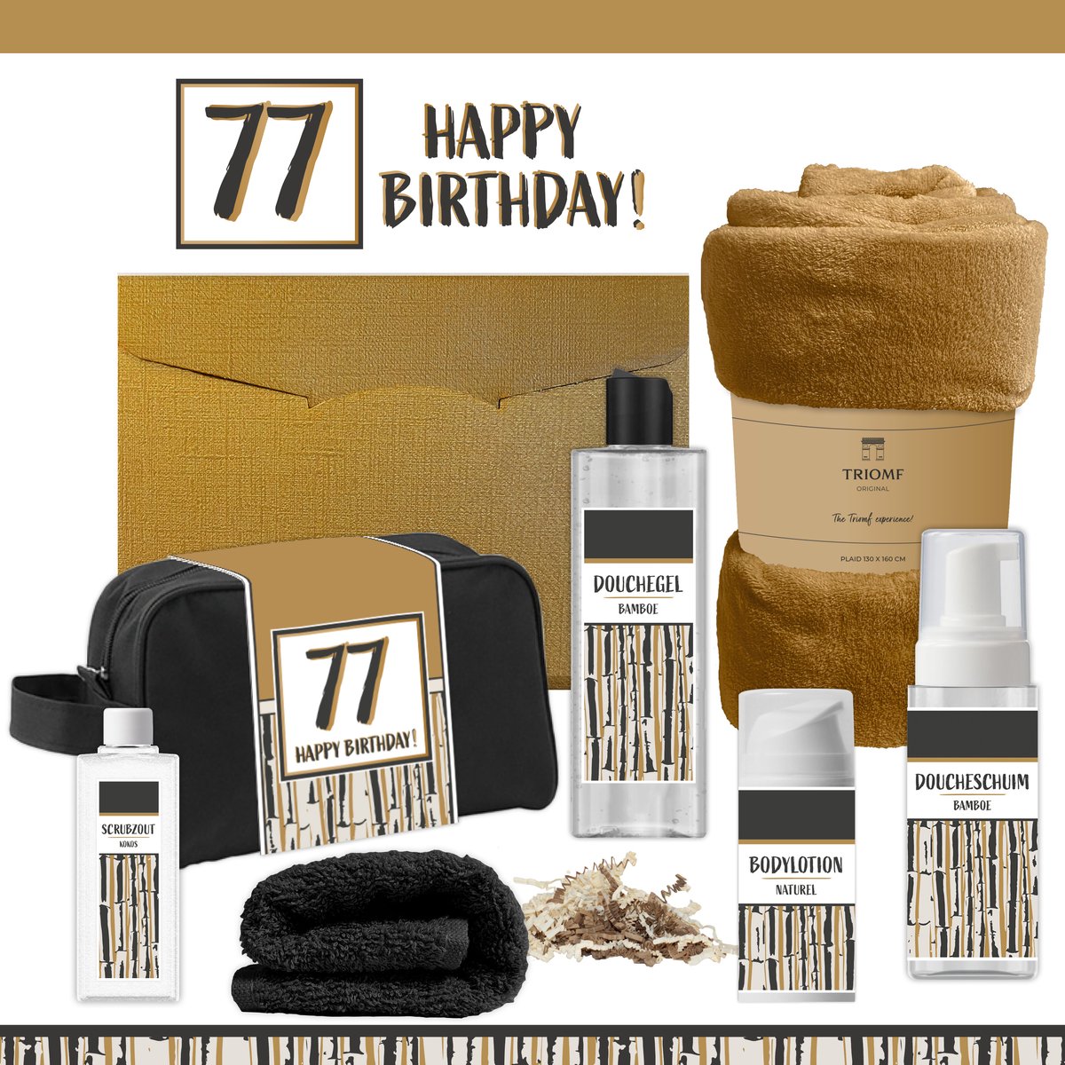 Geschenkset “77 Happy Birthday!” - 7 producten - 1390 gram | Giftset voor hem Vader Papa Zevenenzeventig jaar Cadeau Luxe Wellness Pakket Man Speciaal Cadeaupakket Doos Handdoeken Fleecedeken Geschenk Cadeaudoos Verjaardag Vriend Gift Set Douche Goud