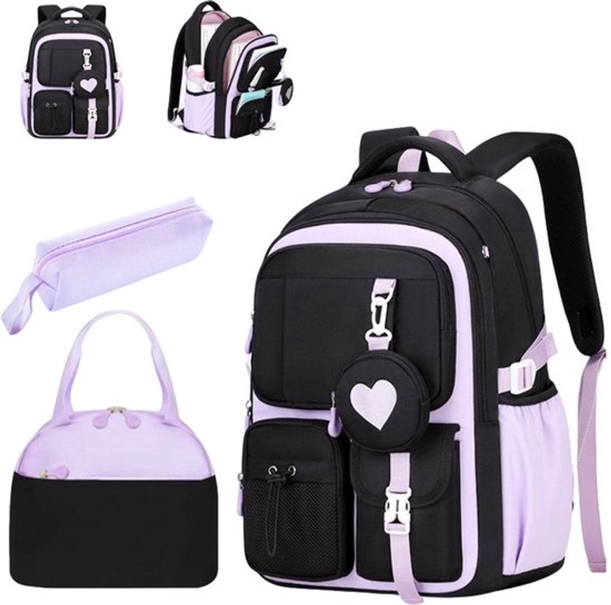 Rugzak voor meisjes - 3-delige set - Casual forenzenrugzak - Lichtgewicht en duurzame schoudertas - Unisex rugzak met grote capaciteit - Ademend en comfortabel - Paars