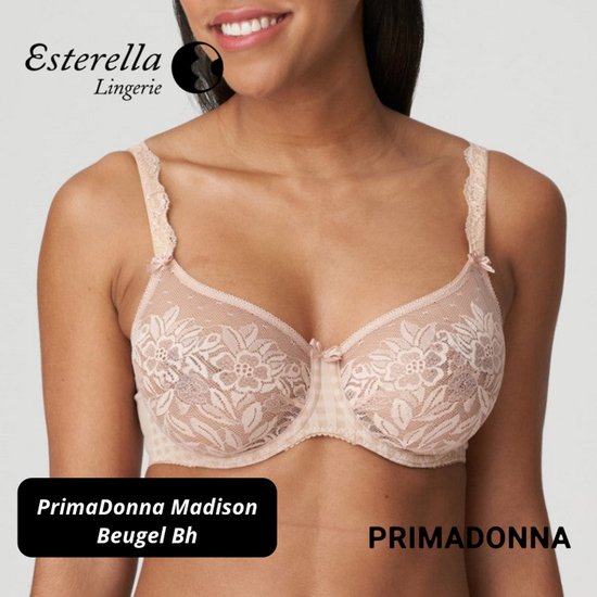 Lichtroze PrimaDonna Madison beugel bh met kanten bloemen en geruite details. Met strikje middenvoor.