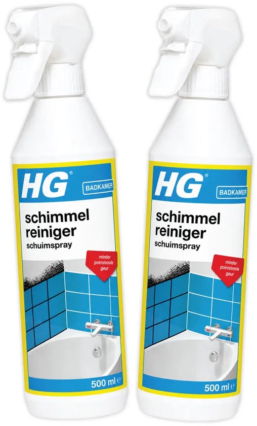 Twee flessen HG schimmelreiniger schuimspray, elk 500 ml, met een afbeelding van een badkamer met blauwe tegels.