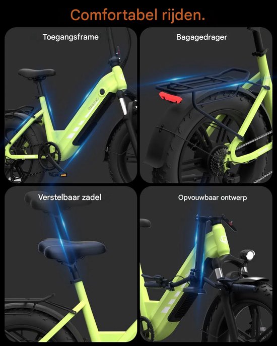 20Inch Elektrische Fiets - 250W Motor - 48V20Ah Lithium Accu - Actieradius tot 130 km - Hydraulische Schijfremmen - 20×4.0 inch Fatbike Banden - Shimano 7 Versnellingen–Elektrische Stadsfiets–Zwart — afbeelding 3