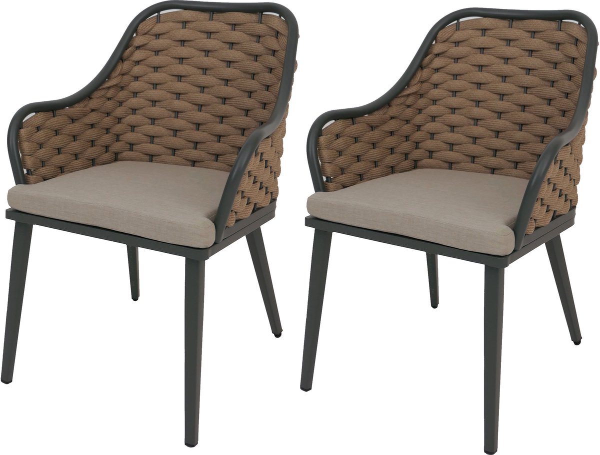 Set van 2 aluminium tuinstoelen MCW-O16, buitenstoel, Olefin (200 g/m²) rope weave Touw ~ beige kussen lichtbruin