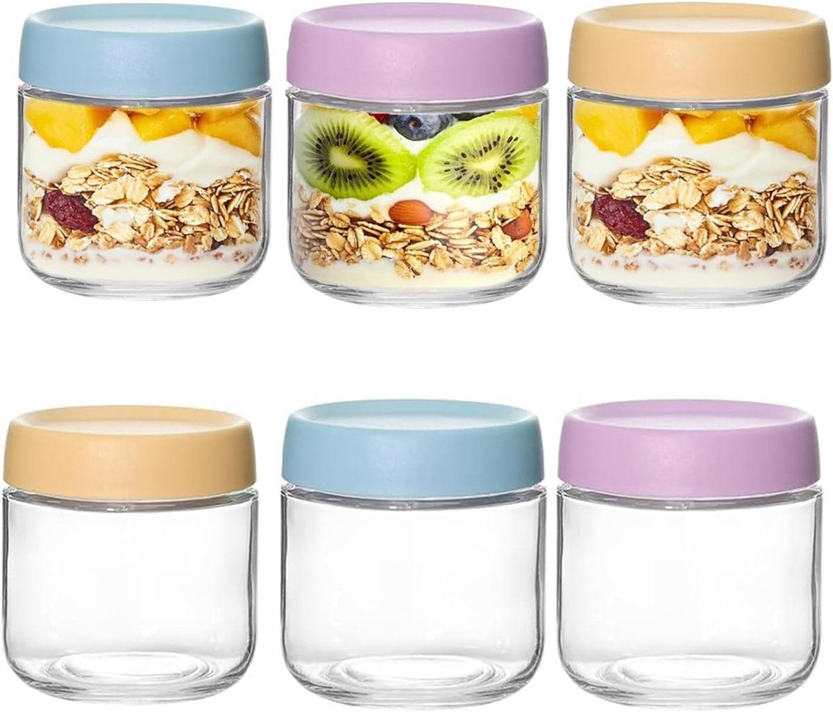 KZQ Set van 6 glazen potjes voor overnight havermout - Glazen potjes met deksels - Voorraadpotten - Geschikt voor het maken van overnight havermout - Ook ideaal voor het maken van yoghurtparfaits - 350 ml