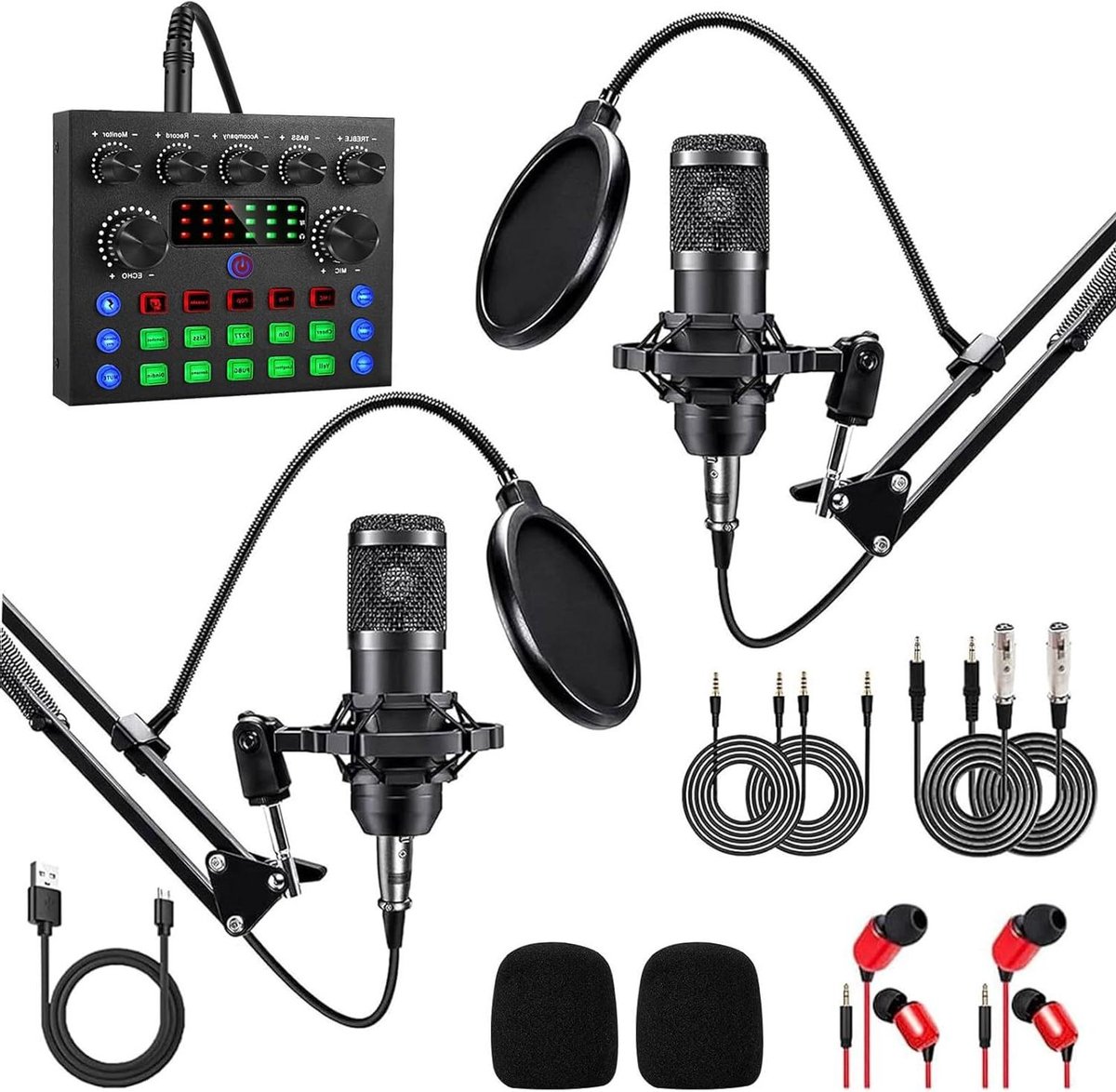 Podcast Microfoon Set - Studiomicrofoon Opname - Live Streaming Zingen - Compleet Voor Twee - 2 Kilogram - Zwart