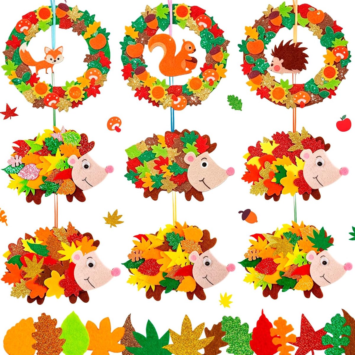 9 stuks herfstknutselset voor kinderen, creatieve sets herfstknutselen met egel en kransen, doe-het-zelf vilten set voor jongens en meisjes, herfstknutselmateriaal voor kinderen, feestelijk
