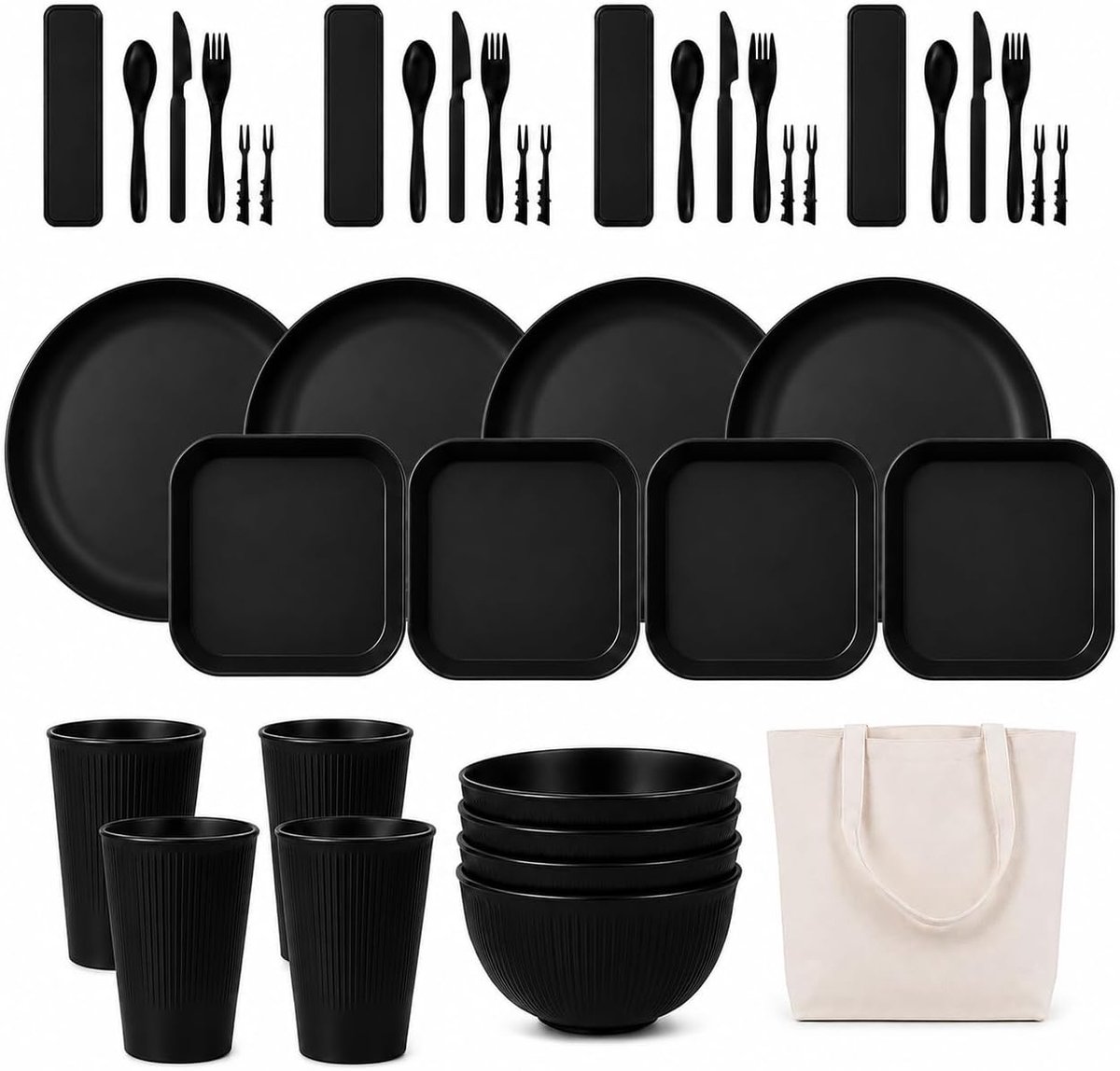 campingdinerset voor 4, herbruikbare lichtgewicht picknickserviesset met borden, kommen, kopjes en bestek in canvas opbergtas, magnetron- en vaatwasmachinebestendig, 41 stuks