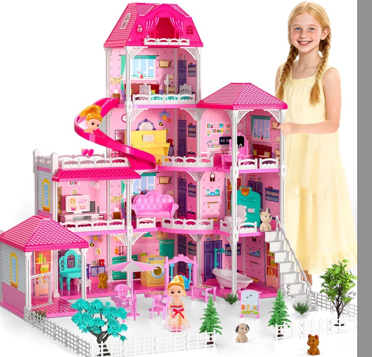 Groot poppenhuis met glijbaan voor meisjes van 3 tot 5 jaar | Poppenhuis met 4 etages en 10 kamers, meubels en uitgebreide accessoires, cadeau voor meisjes van 3, 4, 5, 6 jaar