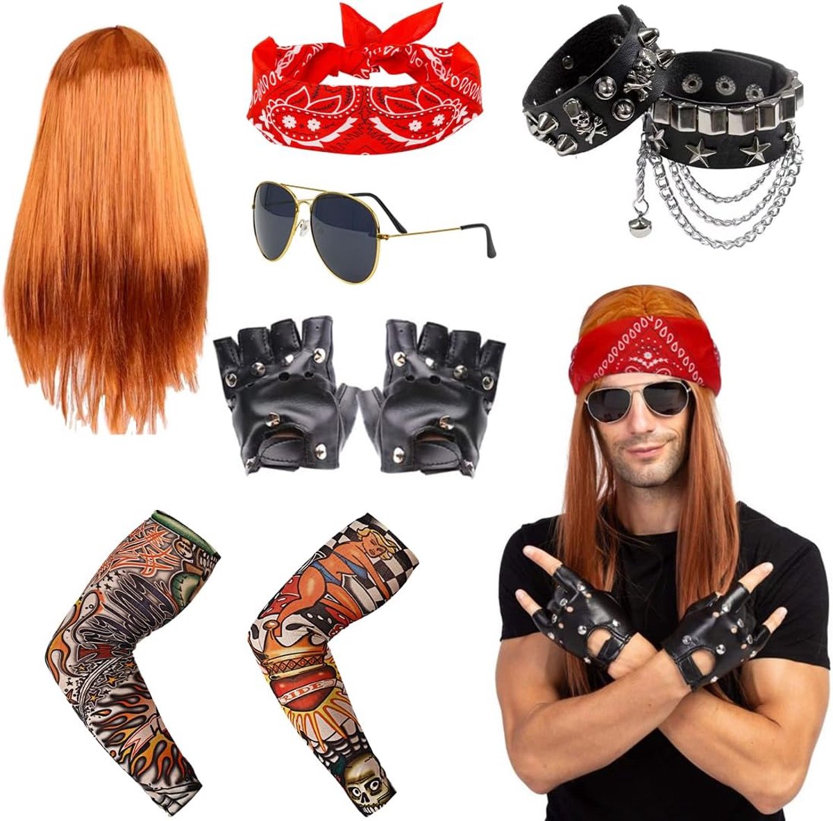 70/80/90-outfit, discokostuum, hippiekostuum, rocker-outfitset met pruik, hoofddoek, zonnebril, handschoenen, gebloemde armen, voor carnaval en themafeest