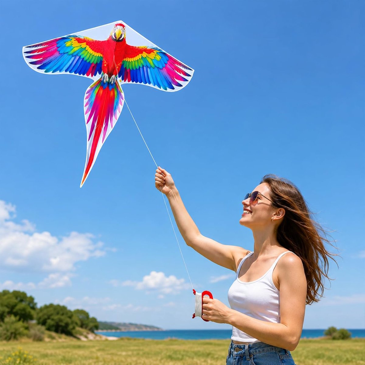 papegaai vlieger vlieger eenlijn, Easy Flyer, eenvoudig te vliegen, incl. 100 m vliegerkoord en lange staart, voor strand, park en vliegerfeest, buitenactiviteiten voor beginners en volwassenen