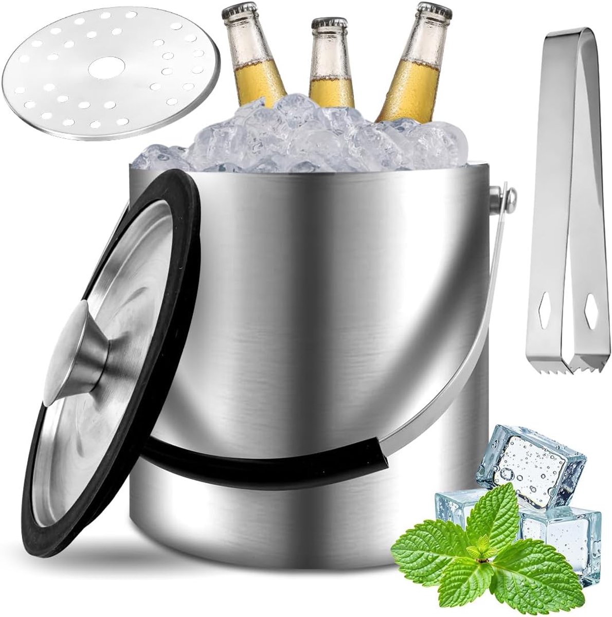 IJsblokjeshouder van roestvrij staal met deksel en tang, 2,2 l, dubbelwandig, geïsoleerd, roestvrij staal, premium ijsemmer voor ijsblokjes, ideaal voor het koelen van bier, champagne, wijn