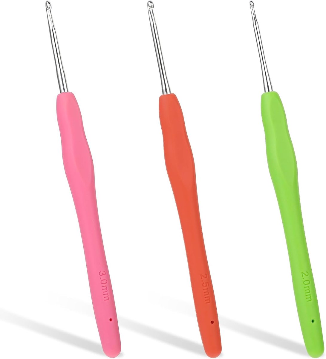 Haaknaalden, 2,0 mm, 2,5 mm, 3,0 mm, ergonomische breinaalden met rubberen softgrip van sjaals, handschoenen, tassen, hoeden, sokken