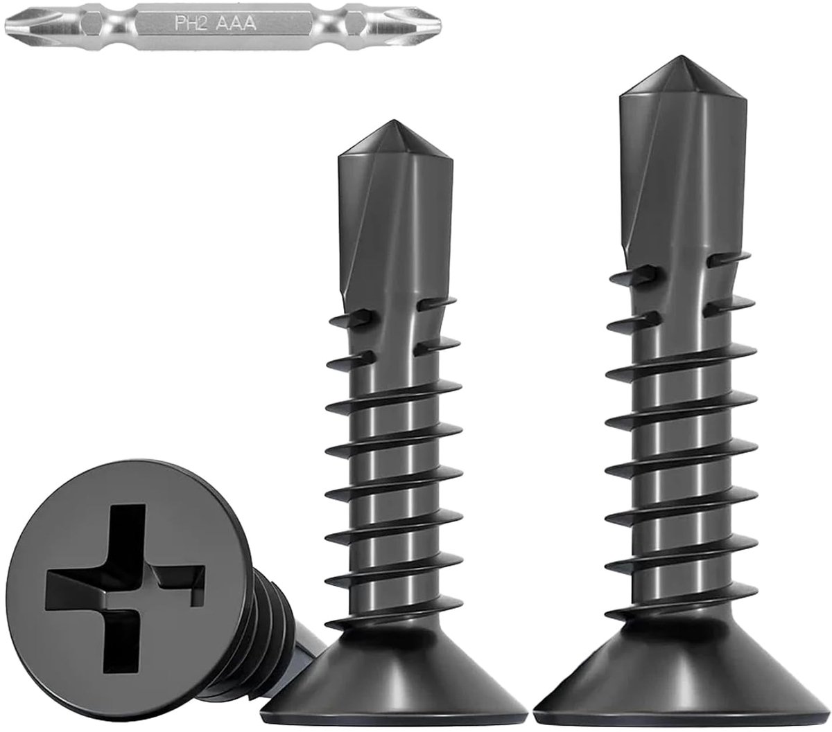 80 stuks zelfborende schroeven met platte kop, roestvrij staal 410 zwart, M4,2 x 38 mm verzonken kopschroeven, zelfborende schroeven, plaatschroeven, houtschroeven, kruisschroeven, assortiment