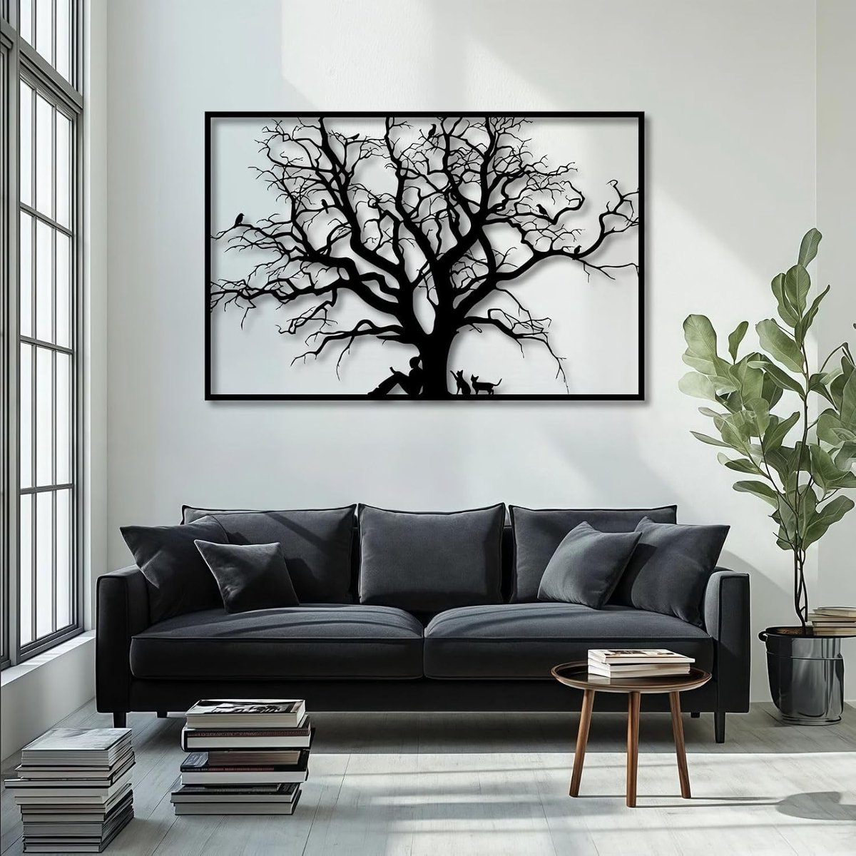 3D-metalen wanddecoratie, groot, kunst, vogels op een tak, natuur voor woonkamer, slaapkamer, tuin (zwart, 105 x 69 cm, breedte x hoogte 41 inch