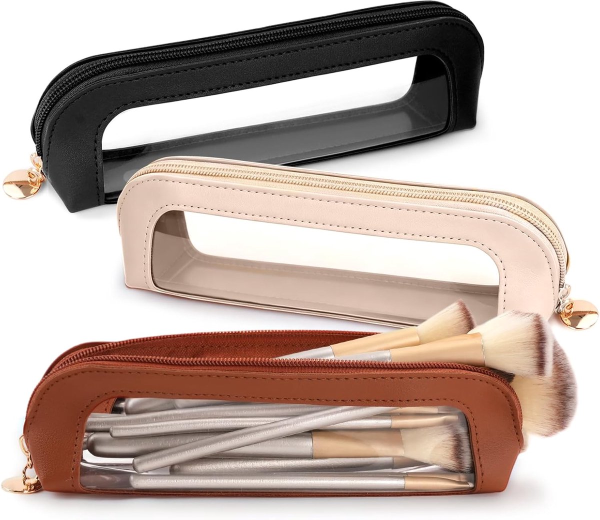 3 stuks penseeltas make-up reizen, cosmeticatas, klein, transparant, make-up kwast tas leer, etui met ritssluiting, draagbare make-uptas voor dames voor handtas, A, Klassiek