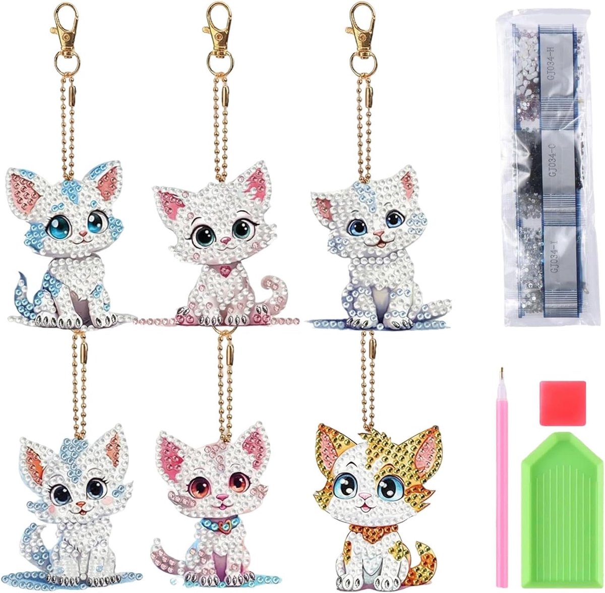 DIY Diamond Painting Hanger 6 stuks Dubbelzijdige Diamond Painting Sleutelhanger 5D Kat Diamant Schilderij Sleutelhanger 7 x 6 cm voor tas hanger rugzak decoraties