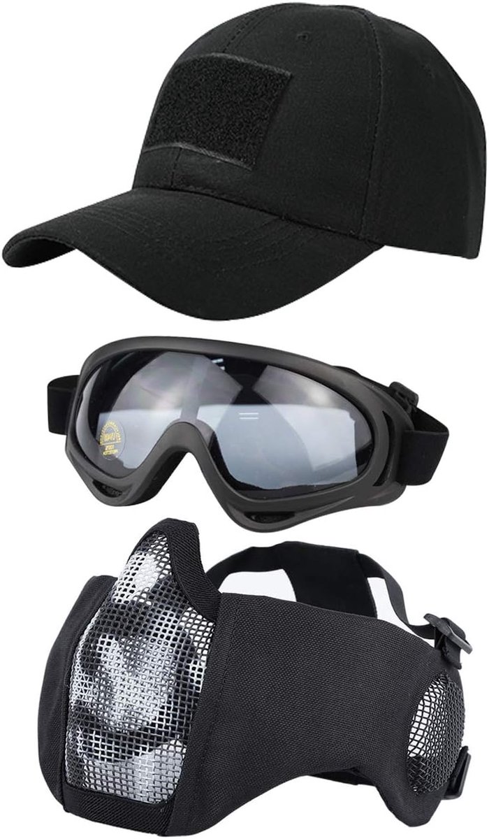 3 stuks tactisch airsoft masker, veiligheidsbril, baseball cap set, verstelbaar halfgelaatsmasker met gehoorbescherming, airsoft bril, oogbescherming, outdoor hoed voor airsoft/BB/CS spel