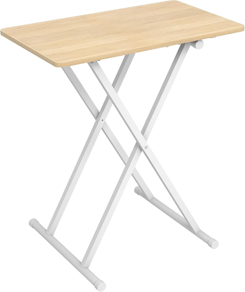 Opklapbare bijzettafel, klein dienbladtafeltje, in hoogte verstelbaar, 60 x 40 x 60 cm, tv-tafeltje in industriële stijl, snacktafel, wit en houtkleur EWN16BZ01