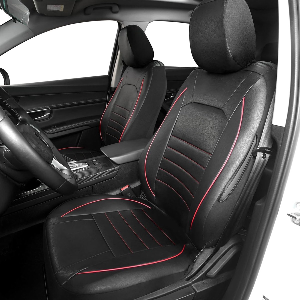 Universele voorstoelhoezen van waterdicht PU-leer, rood/zwart, airbag-compatibel, paar, voor SUV, bestelwagen, salon
