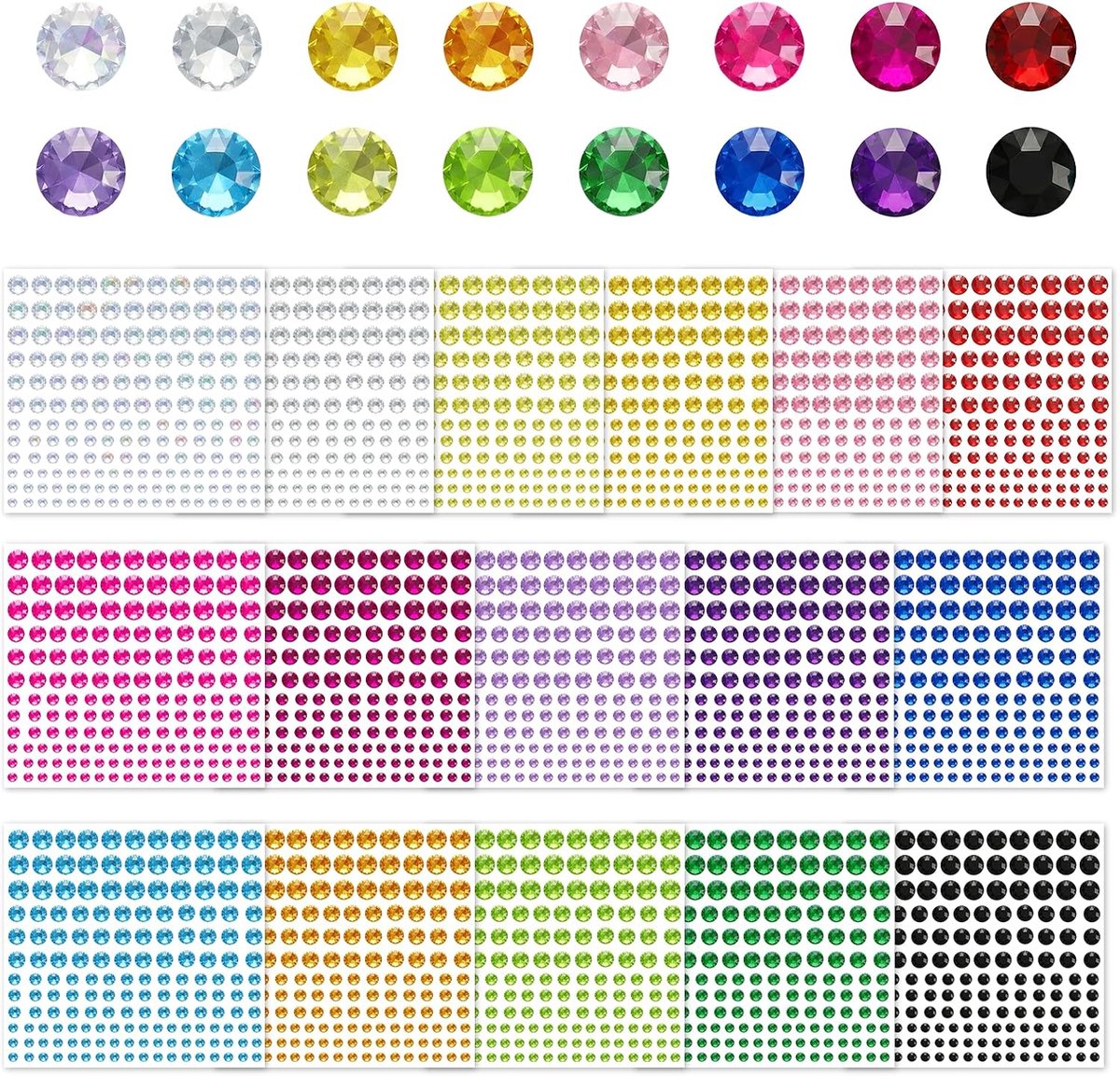 2640 Stuks Glitterstenen, 16 Kleuren, 4 Maten (3/4/5/6 mm) | Glitterstickers, Strass-steentjes, Kleefstenen om te Knutselen, Glitterstenen voor Gezicht, Zelfklevend, Make-up, Nail Art
