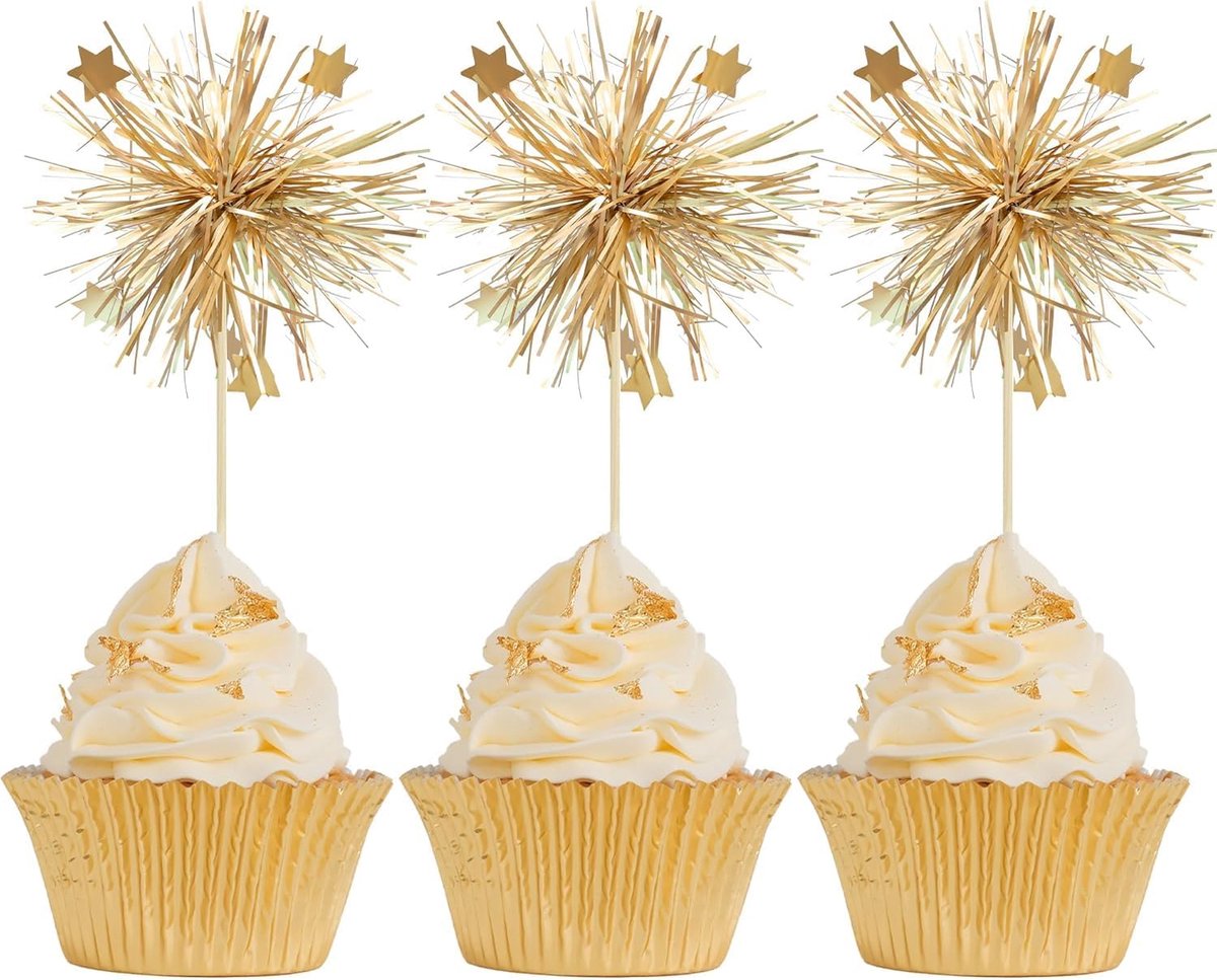 30 Stk Folien-Feuerwerk-Cupcake-Topper Happy cake topper Sprankelende strass bloemendrinker Cocktail-Lebensmittel-Obst-Zahnstocher voor Valentijnsdag feestartikelen goud