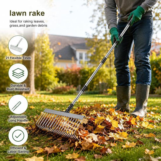 Bladhark voor de tuin, 53-160 cm, verstelbaar, metalen gazonhark met 21 tanden, ergonomische telescoopsteel, 40 cm brede rekenkop, bladhark voor tuin, gazon, bloembedden, struiken, mulch — afbeelding 3