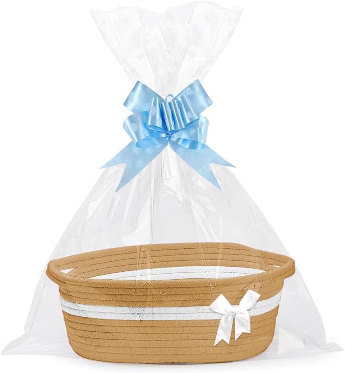 Lege, gevlochten geschenkmand met 2 transparante cadeauzakjes en 2 geschenkstrikken, leeg, voor babyshower, verjaardag, bruiloft, Thanksgiving, Kerstmis (bruin)
