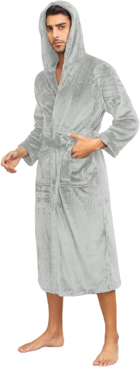Heren Fleece Badjas met Capuchon - Lange Warme Slobkous - Comfortabel Winter Huispak