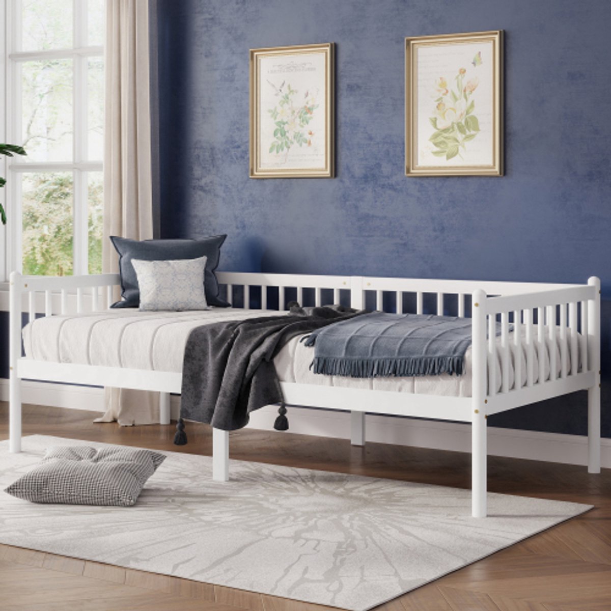 Daybed 90x200 - Houten Bedbank met 3-Zijdig Hekwerk - Grenenhout - Wit